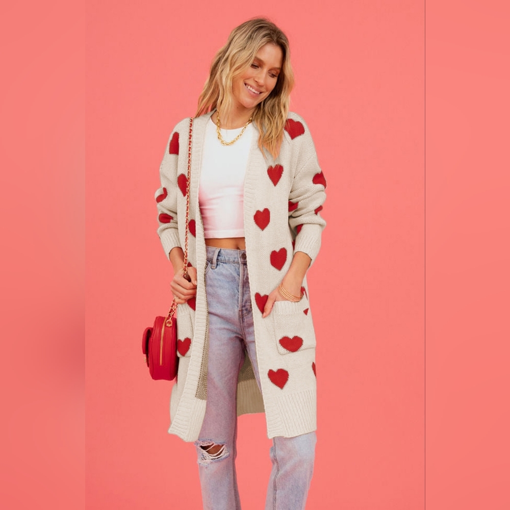 Contrasting Heart Knit Open Front Longline Pocket Sweater Cardigan Valentine - Picture 9 of 9
